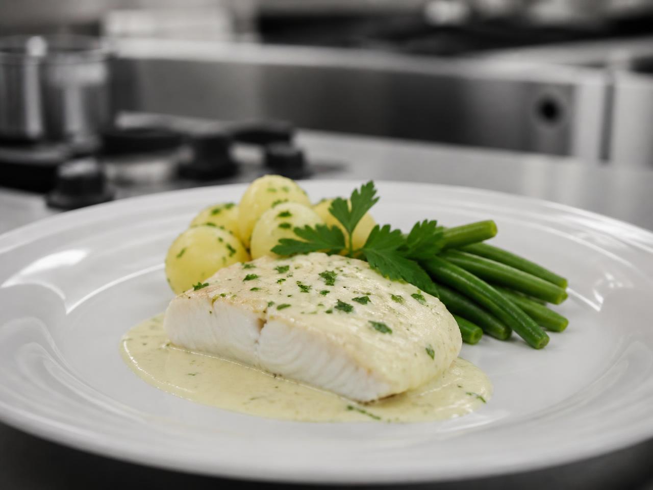 Dos de cabillaud sauce blanche, pommes de terre persillées et haricots