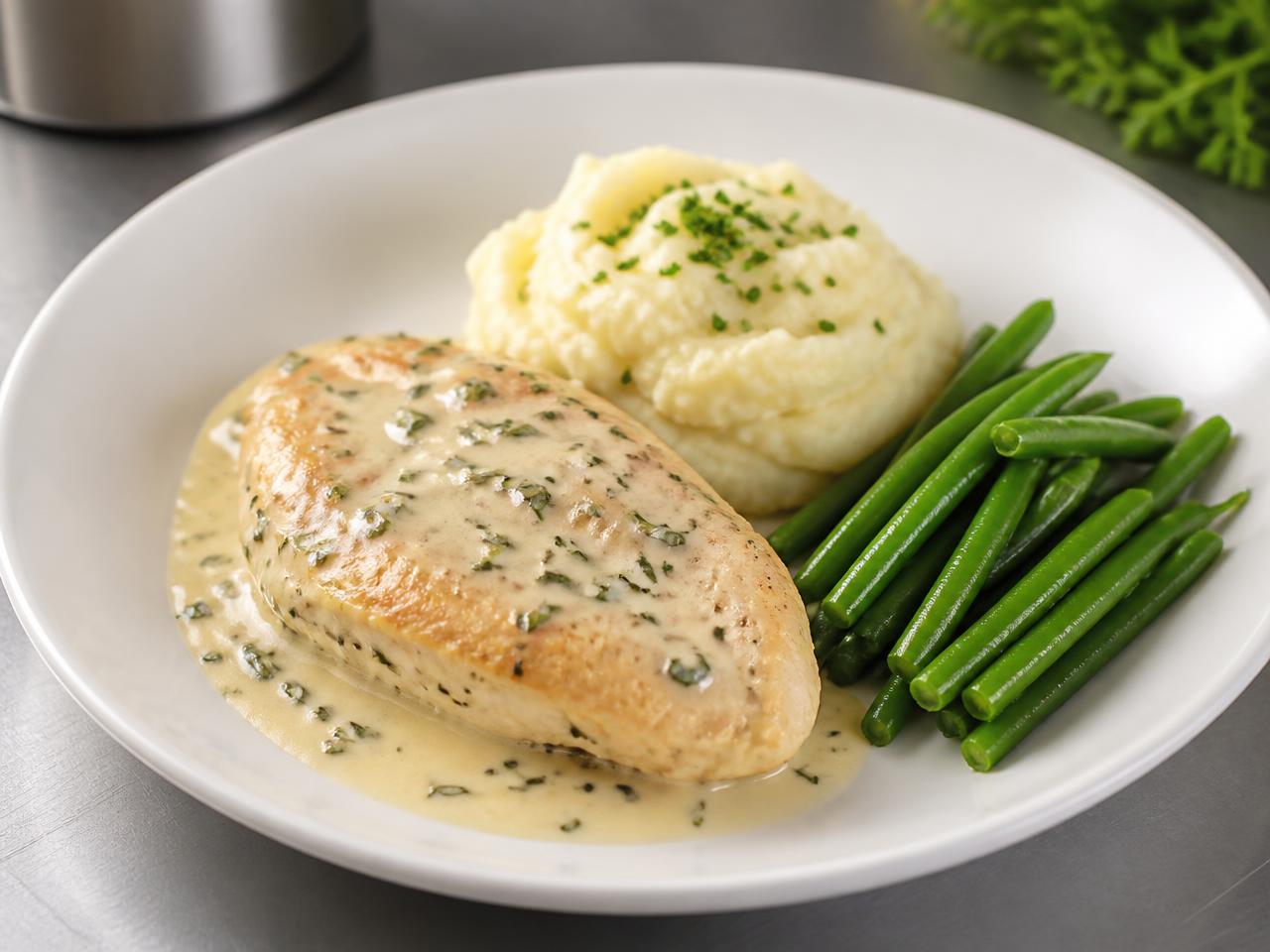 Blanc de poulet sauce crème, purée et haricots verts servis dans l'assiette