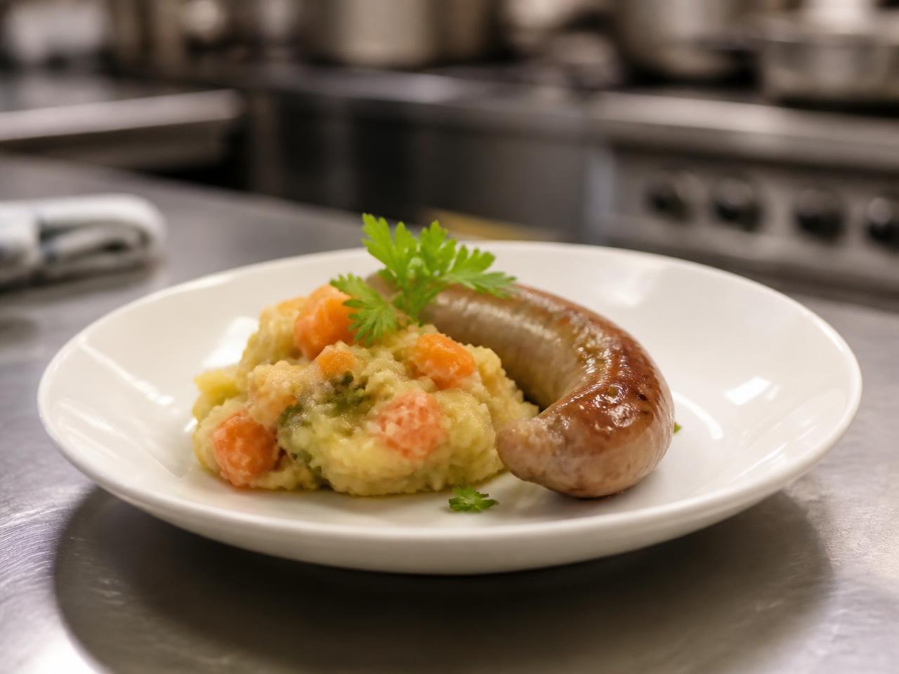 Stoemp aux carottes et saucisse de campagne servis à l'assiette