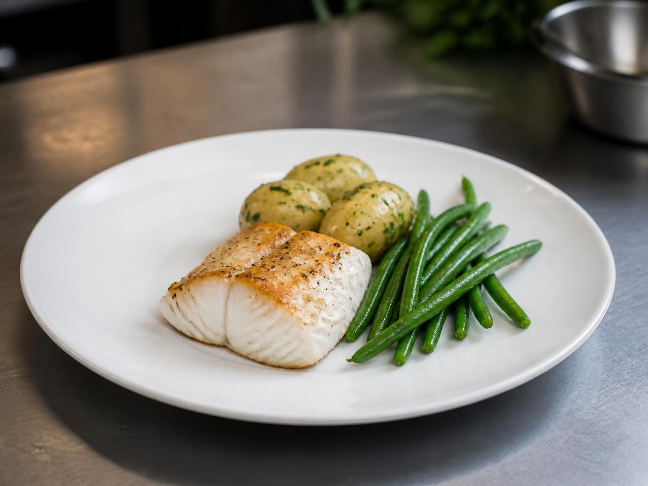 Cabillaud, pommes vapeur & haricots verts
