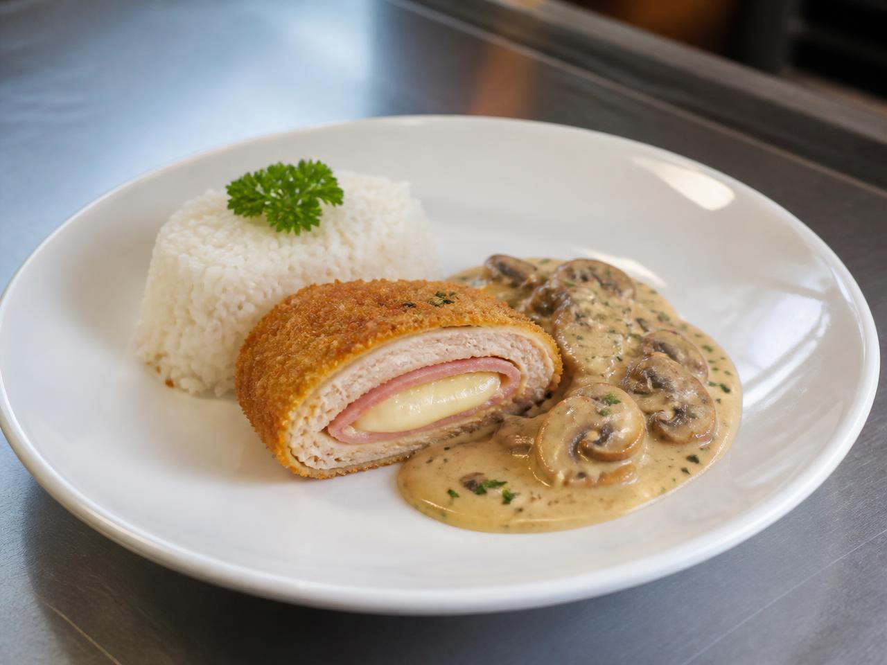Cordon bleu, sauce champignons crème & riz