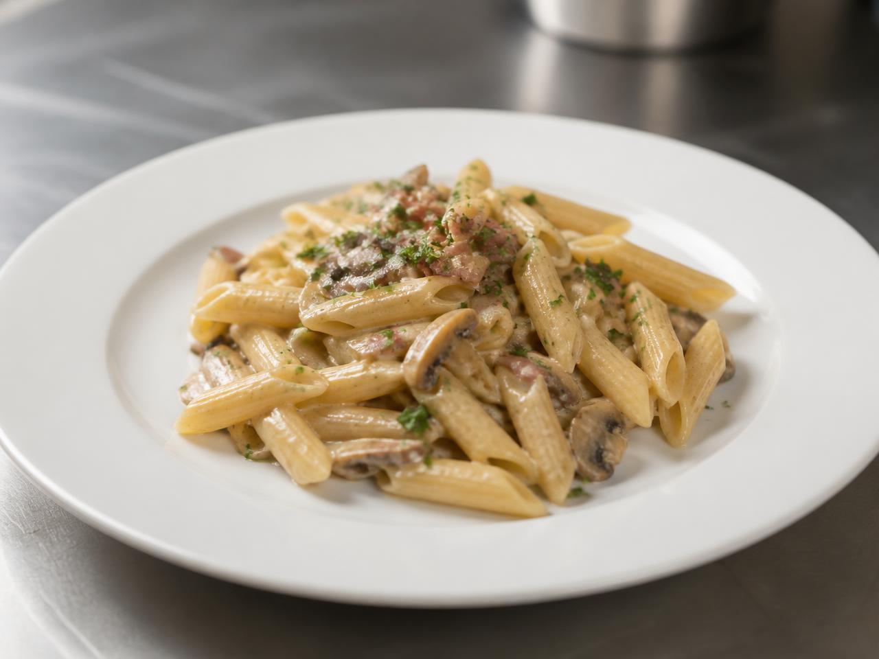 Penne crème, champignons & lardons