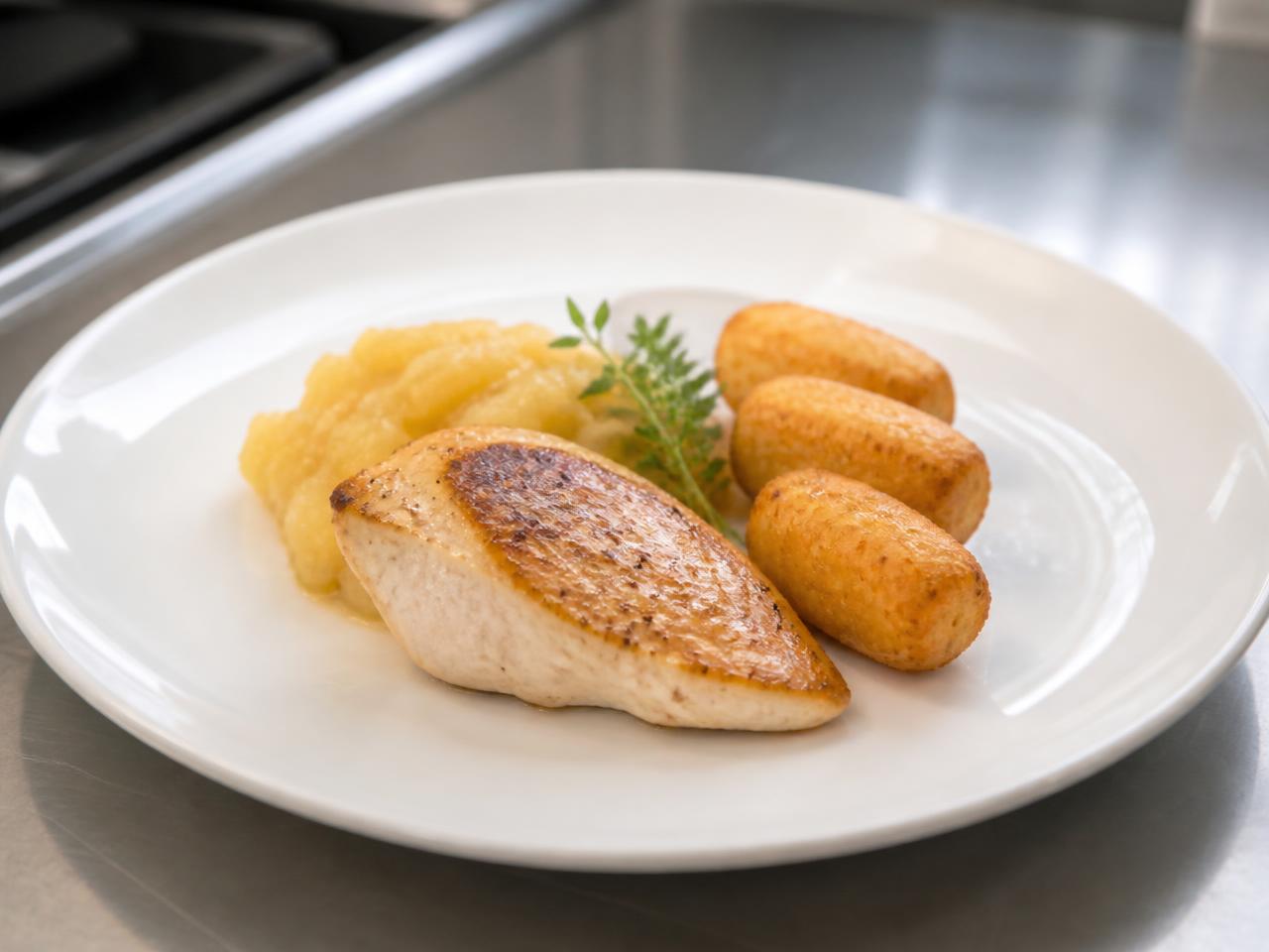 Filet de poulet, compote & pommes dauphines