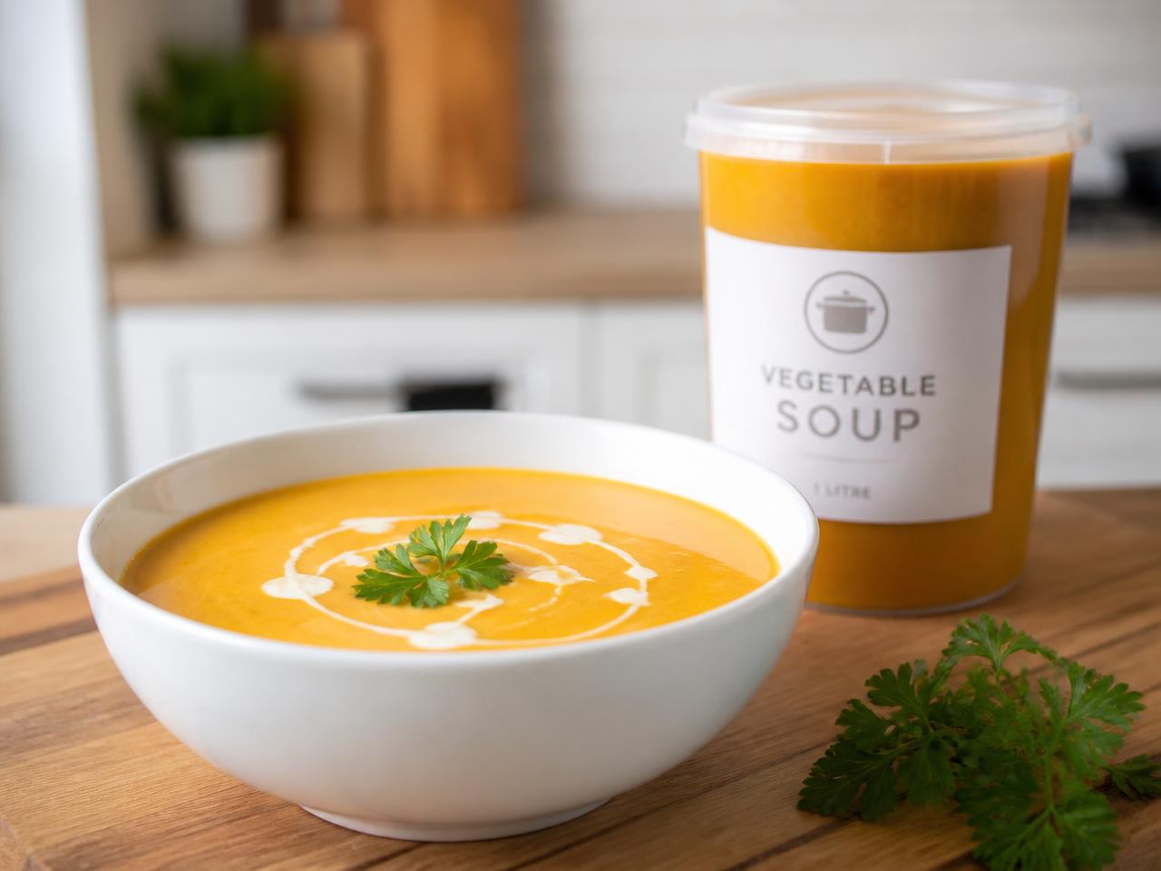 Bol de potage maison velouté à côté d'un contenant d'un litre